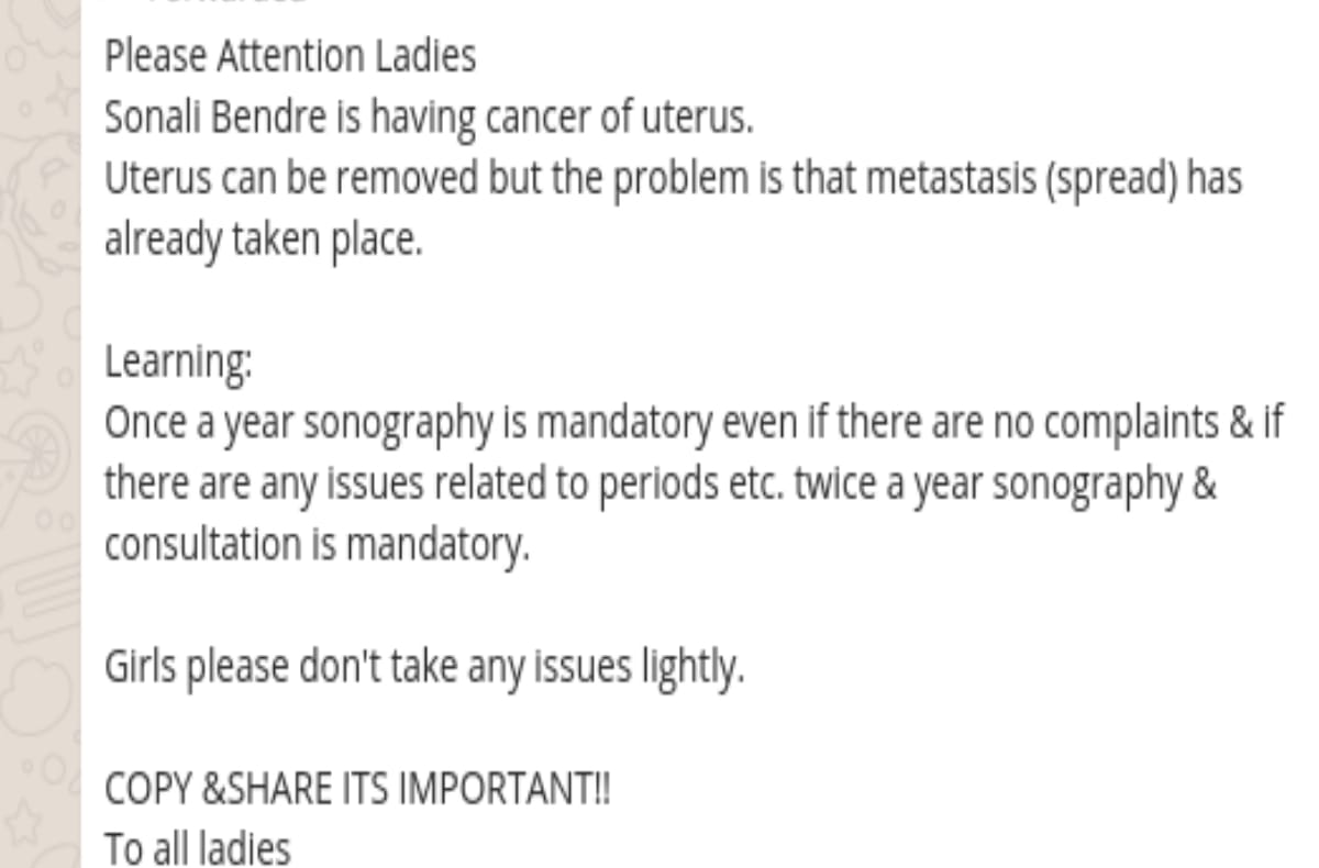 sonali bendre has uterine cancer truth behind this whatsapp message