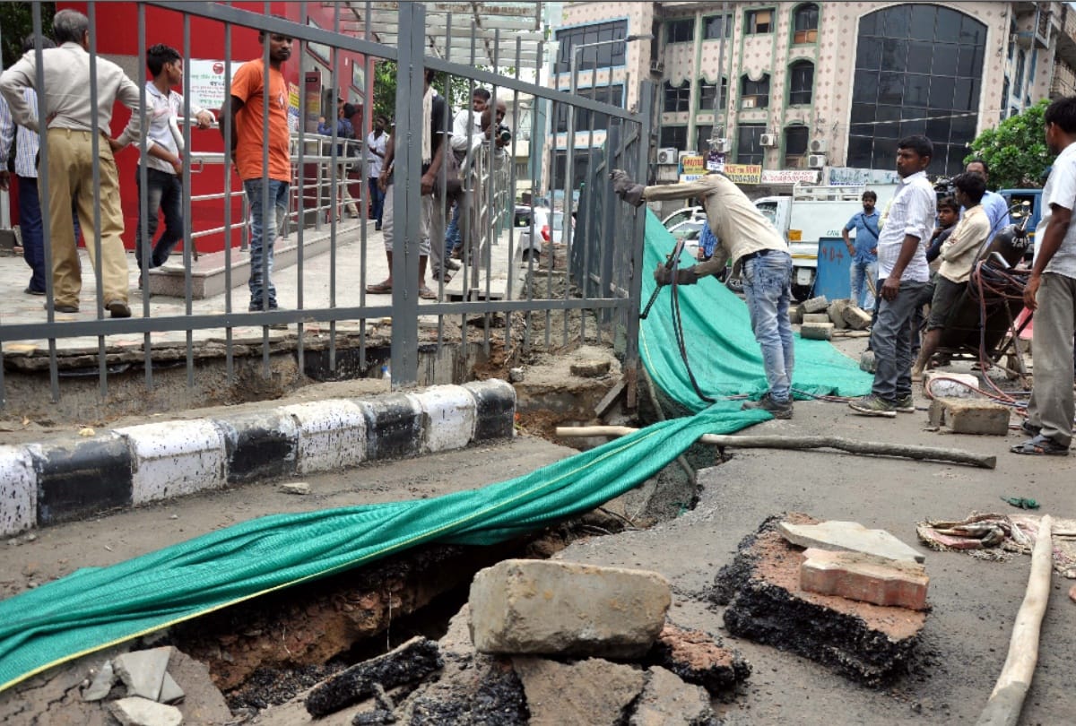 Water in ground floor station outside Greater Kailash Metro station