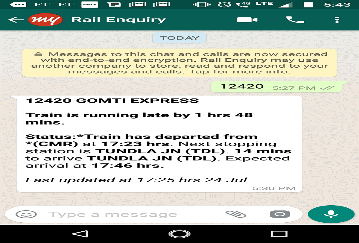 now get real time status of train through whatsapp