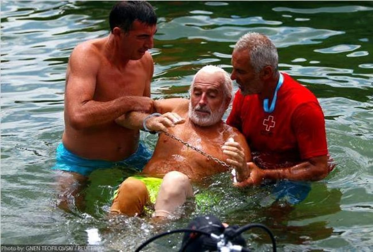 The sixty five year old man created world record for Swimming with tied hands and feet 
