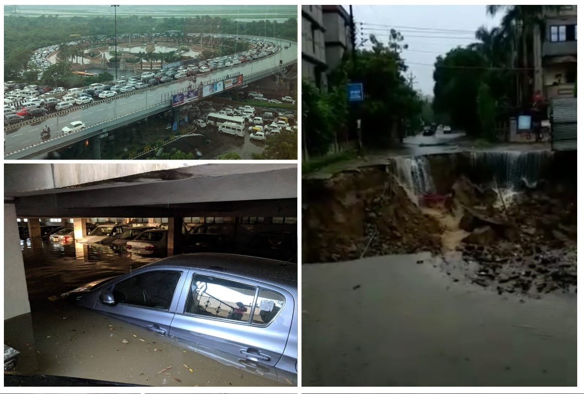 see in photos delhi ncr receive heavy rainfall collapse one died of current road cave and all update