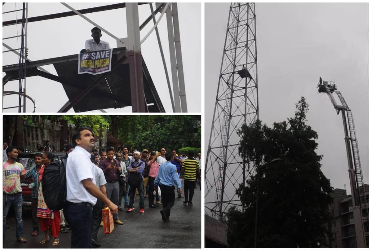 man climbs on tower near Metro Bhawan in Delhi holding a banner Andhra Pradesh needs special status