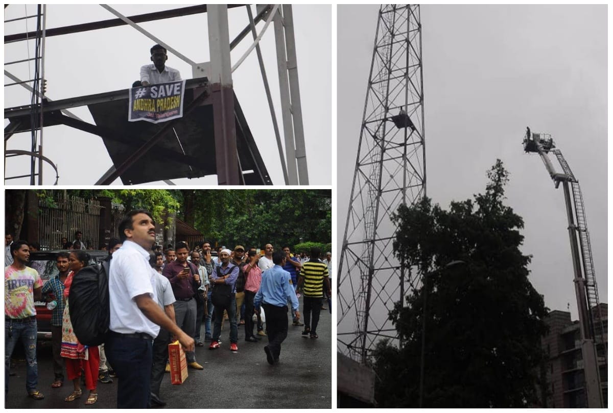 man climbs on tower near Metro Bhawan in Delhi holding a banner Andhra Pradesh needs special status