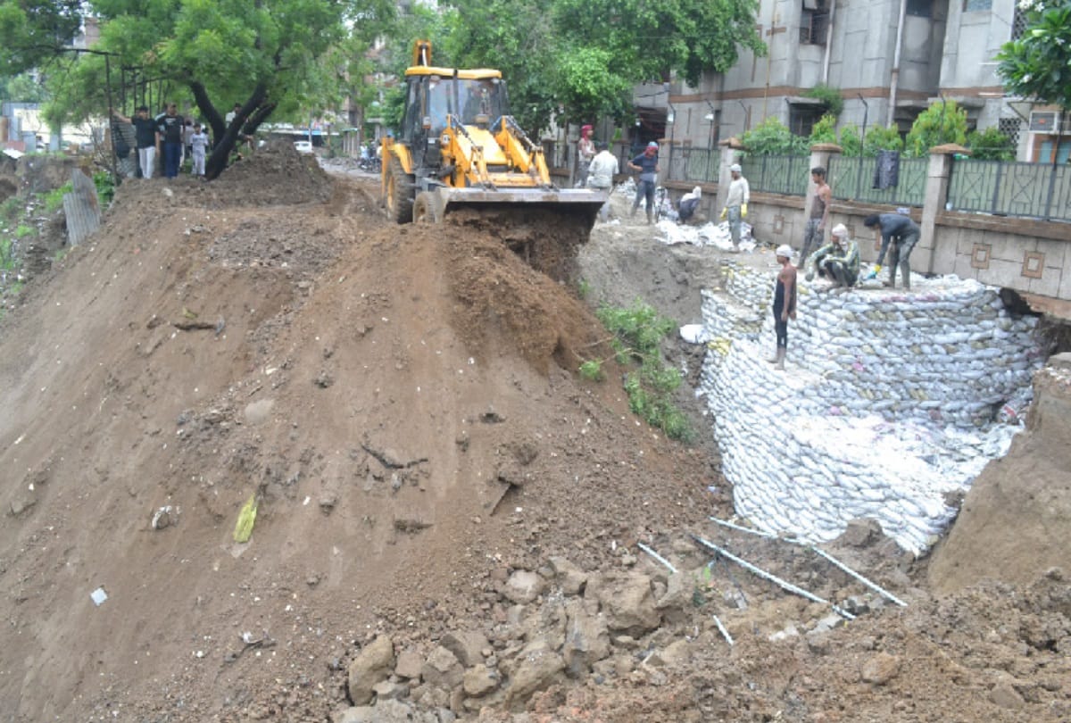Restoration work underway in Vasundhara of Ghaziabad where a road had caved in on July 26 after rain