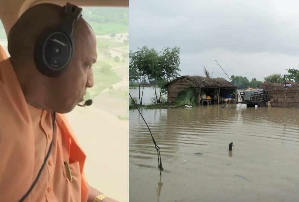 yogi adityanath inspects flood and rain effected area in gonda.