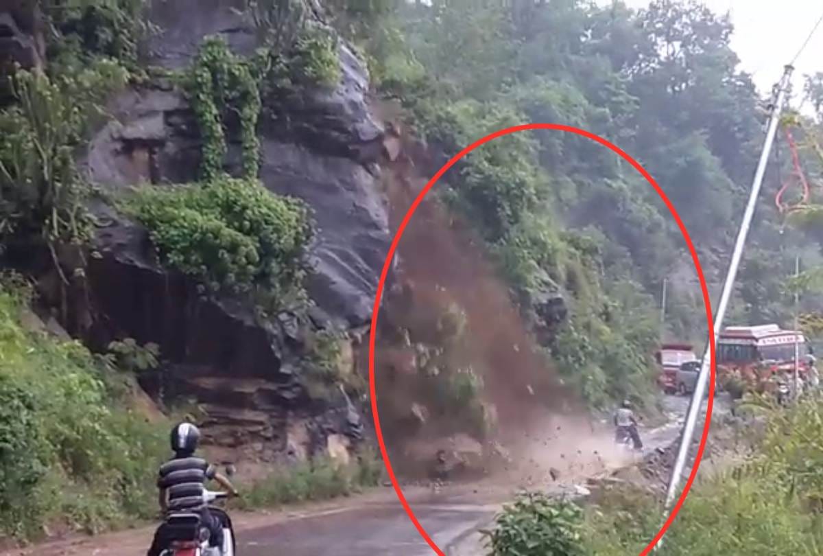 Bilaspur Himachal Pradesh Narrow escape for scooter rider in landslide