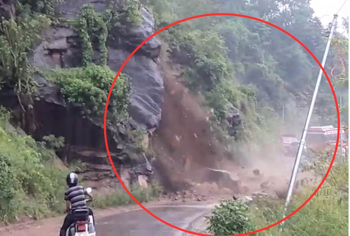 Bilaspur Himachal Pradesh Narrow escape for scooter rider in landslide