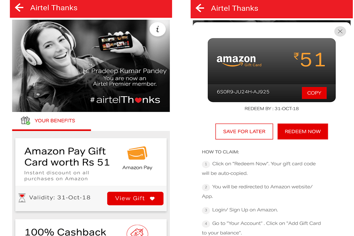 Airtel Thanks its Smartphone Customers with a Special Amazon Pay Gift Card of Rs 51