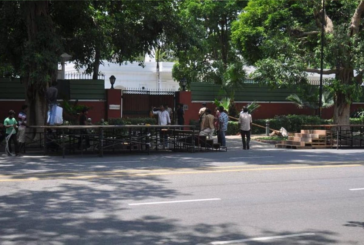 outside atal bihari vajpayee government residence in delhi a stage is being made