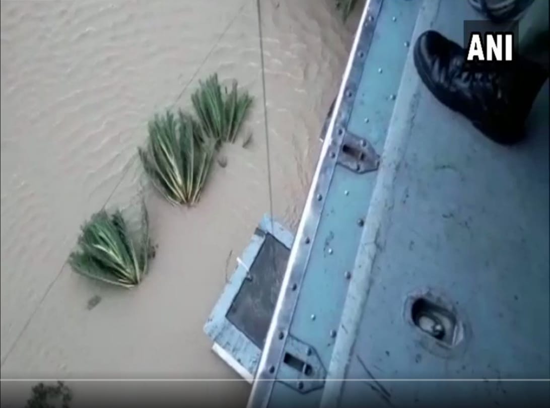 Indian Air Force airlifts a person in flood affected Pathanamthitta district of Kerala