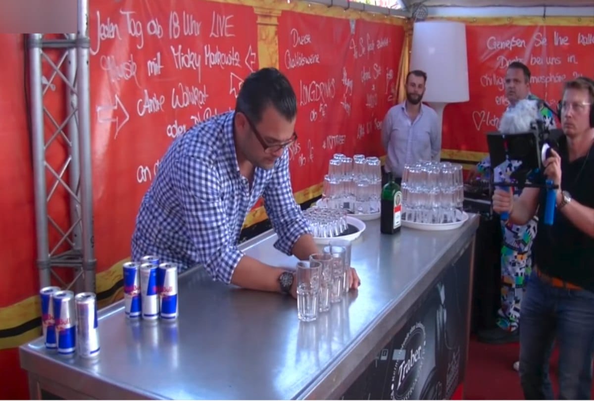 Philip Traber Holds World Record for Pouring seventeen glass
