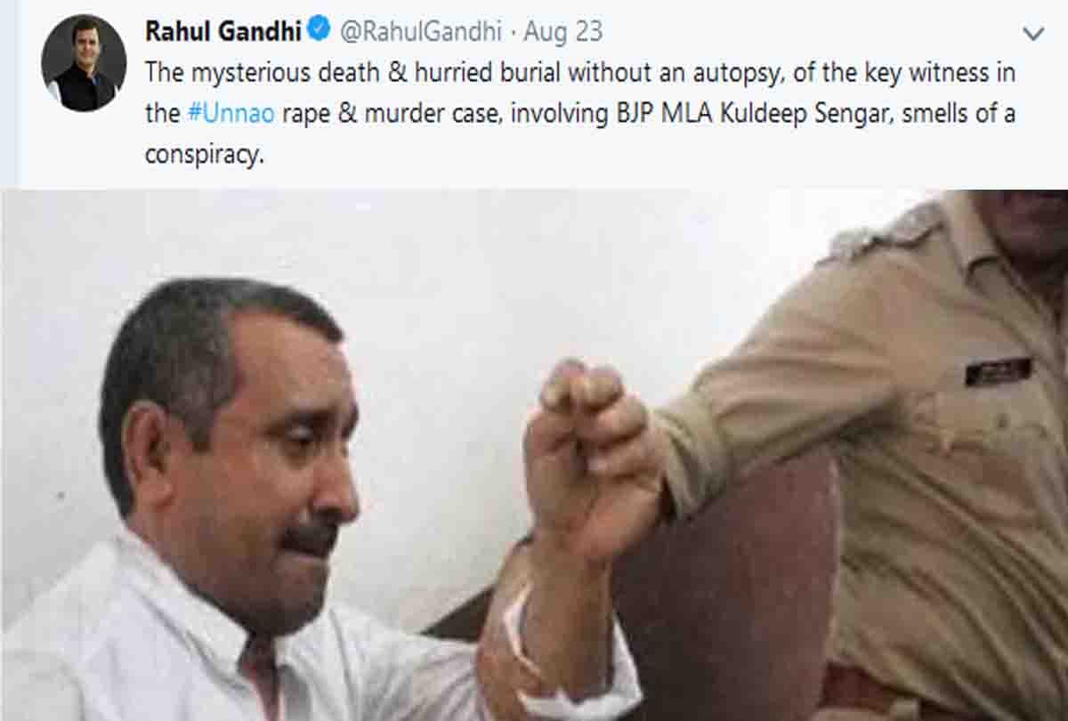 rahul gandhi tweet in bjp mla kuldeep singh sengar case
