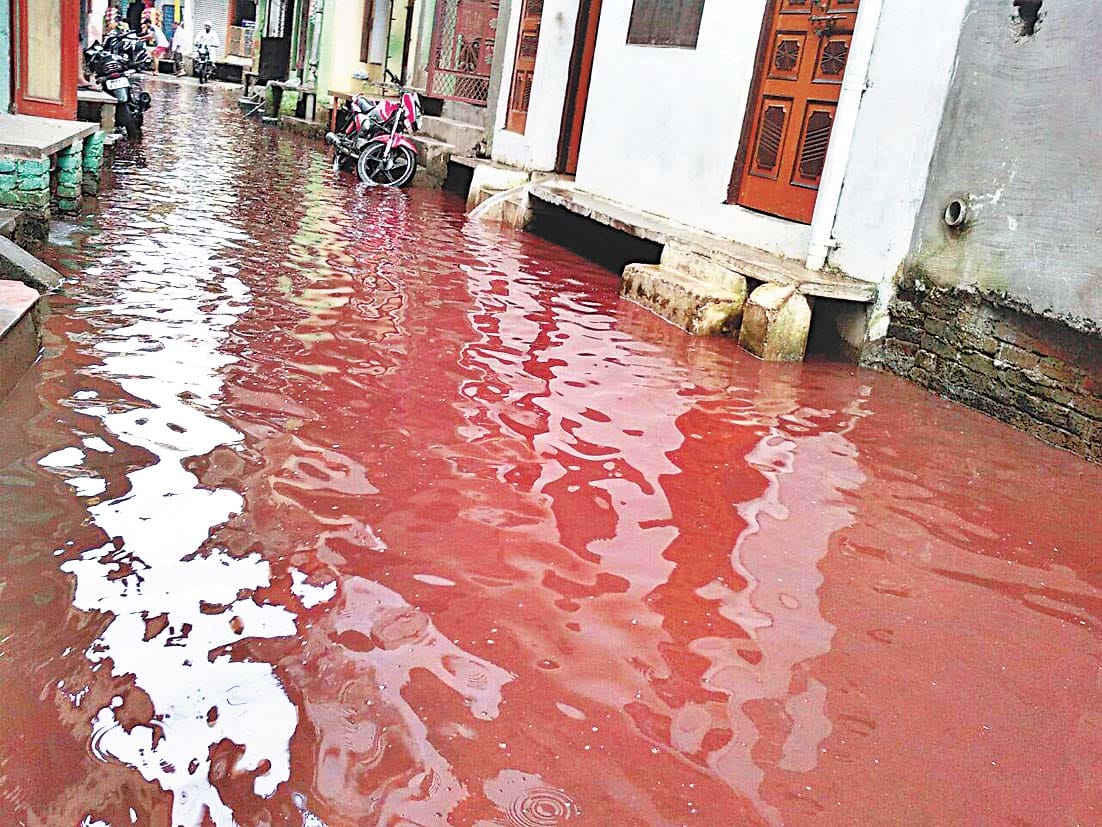 blood mix in rain water flows on road in amroha