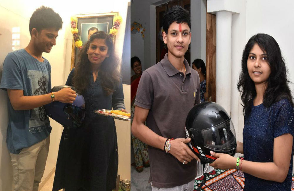 rakshabandhan celebration with helmets gifts in mathura
