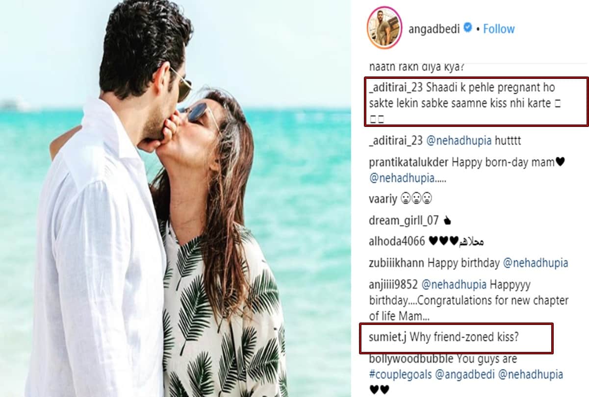 Neha dhupia trolled for deny kissing to husband in picture