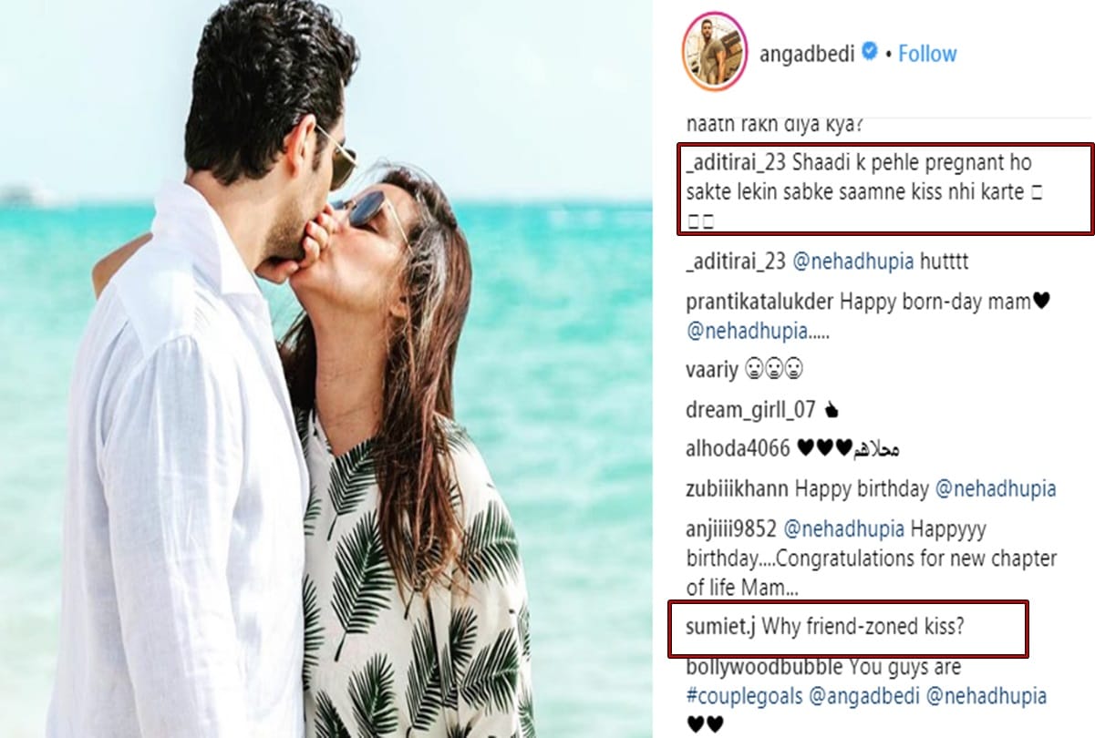 Neha dhupia trolled for deny kissing to husband in picture
