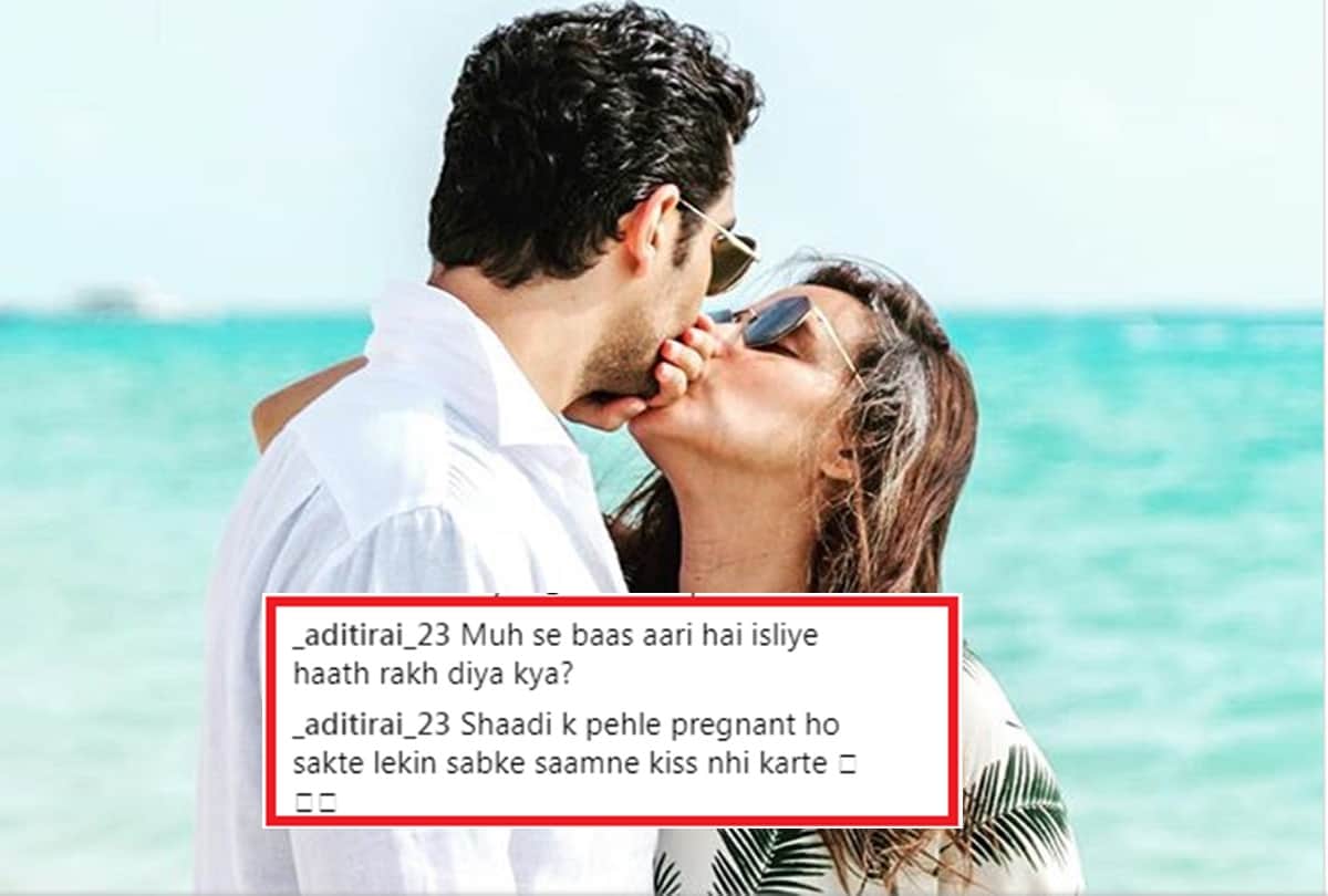 Neha dhupia trolled for deny kissing to husband in picture
