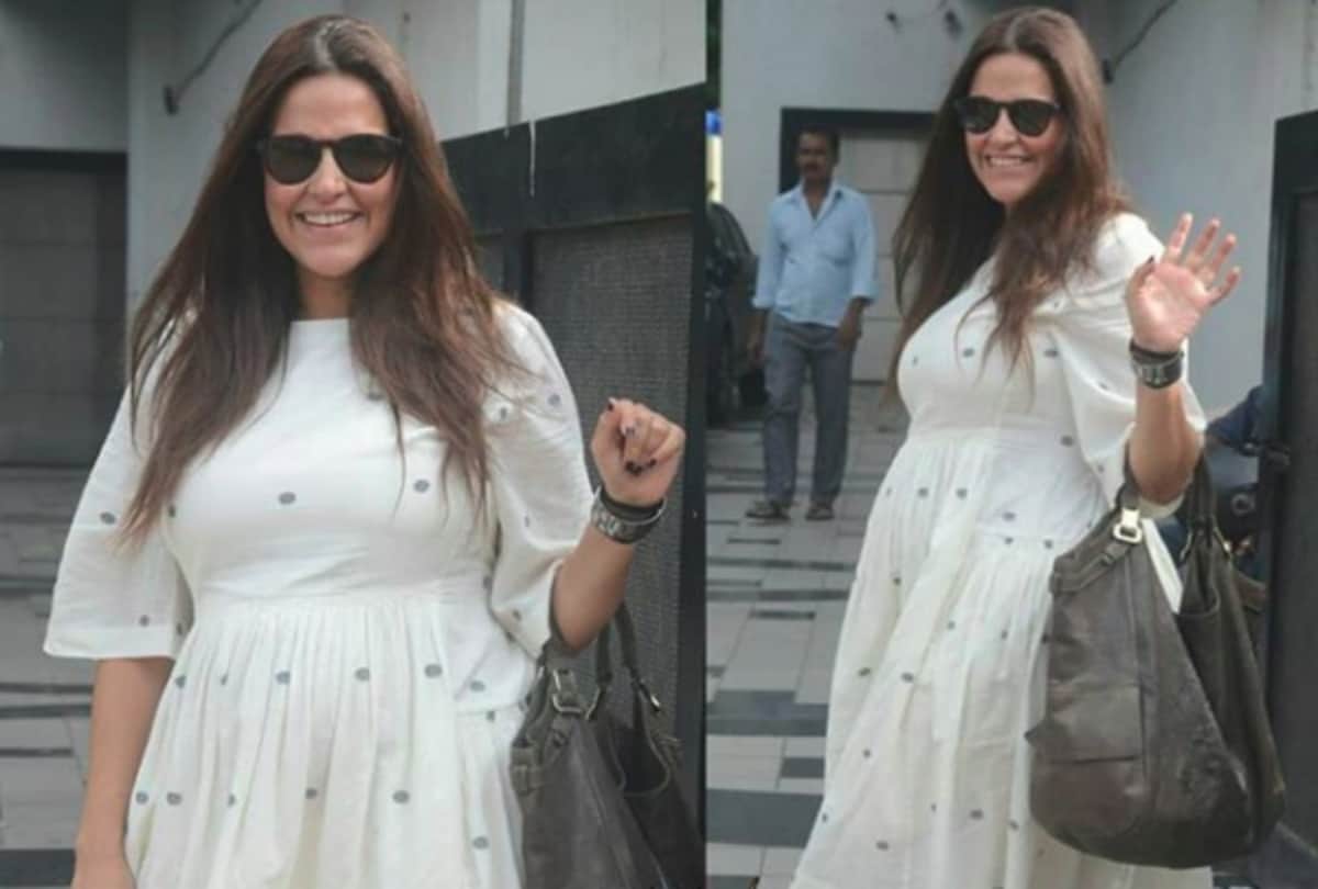 Neha Dhupia flaunts baby bump in white summer dress see pics
