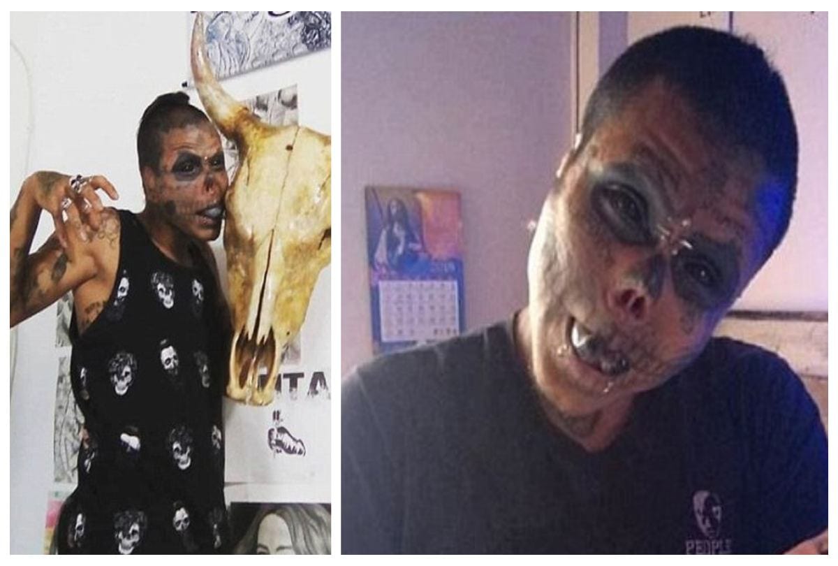 Body modification man cut his ears and half nose to look like skull