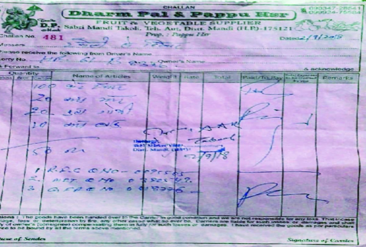 three thousand fine recovered from A truck full of apples in bilaspur