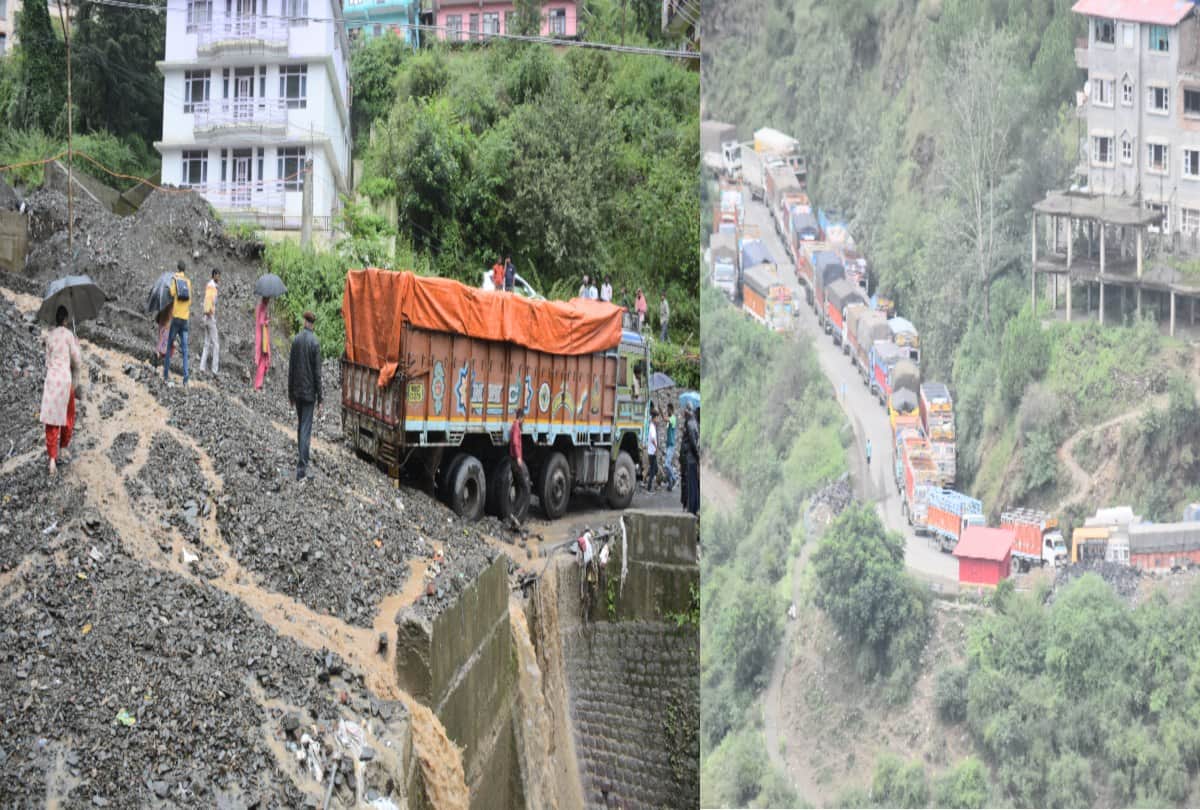 traffic jam on nh due to heavy landslide after rainfall in himachal