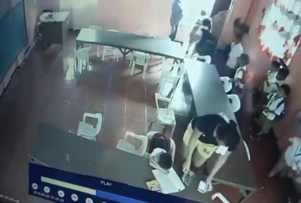 watch funny school video kid hanging chair instead school bag in Philippines