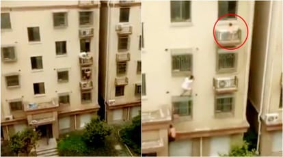 3 year old girl trapped on fourth floor window rescued by two people in China