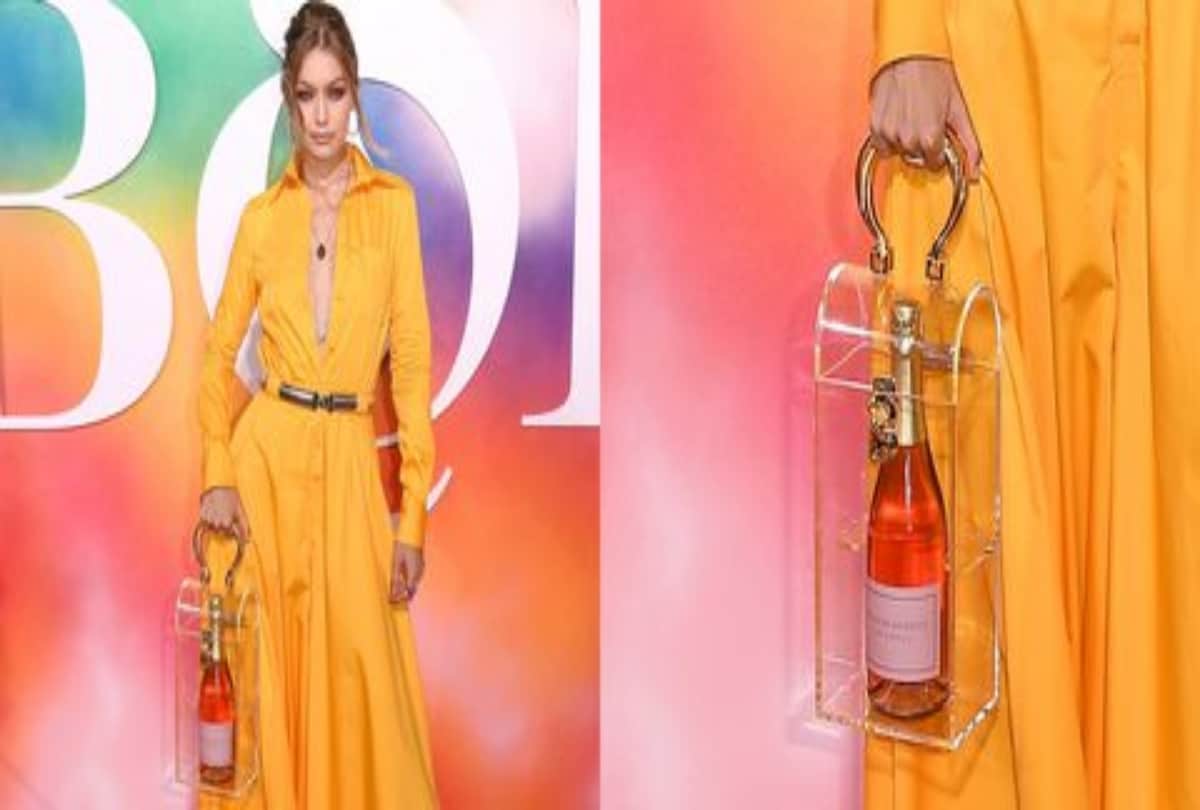 New York Fashion Week Gigi Hadid troll for clear bag with champagne bottle