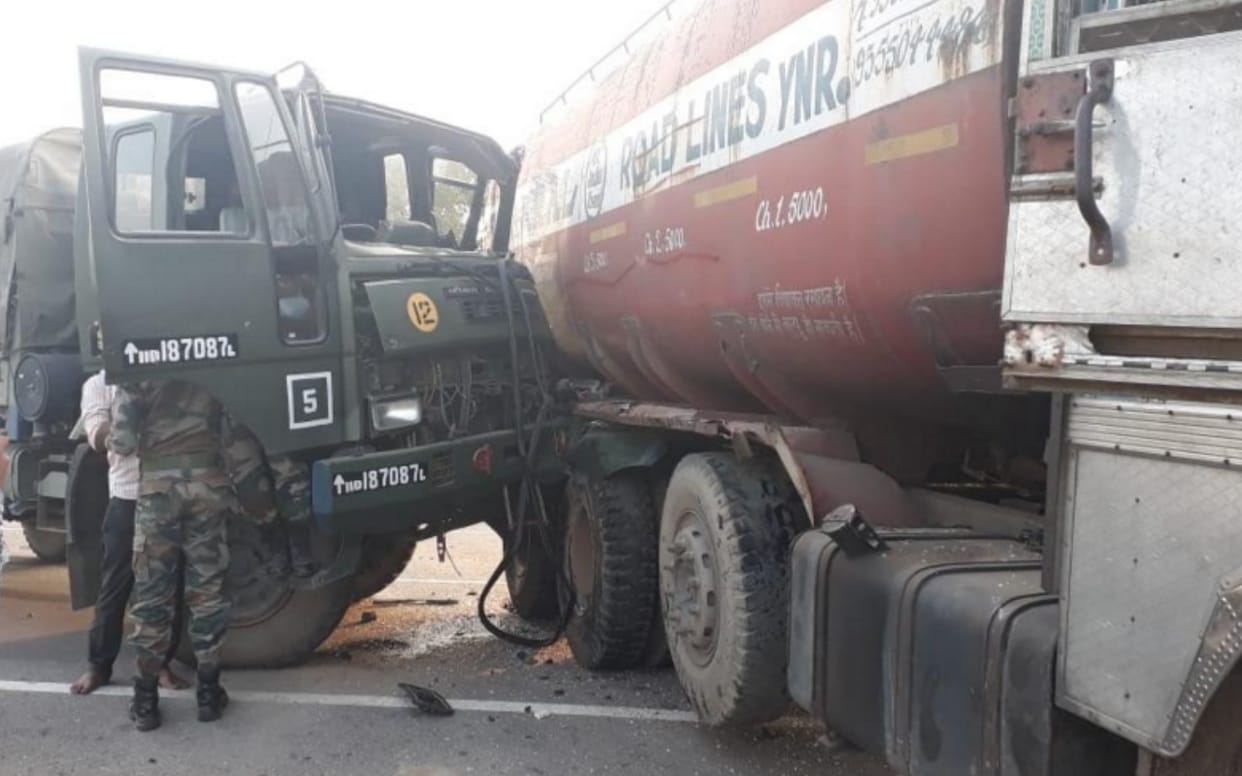 Army truck got clashed with a fast speed oil tanker two injured