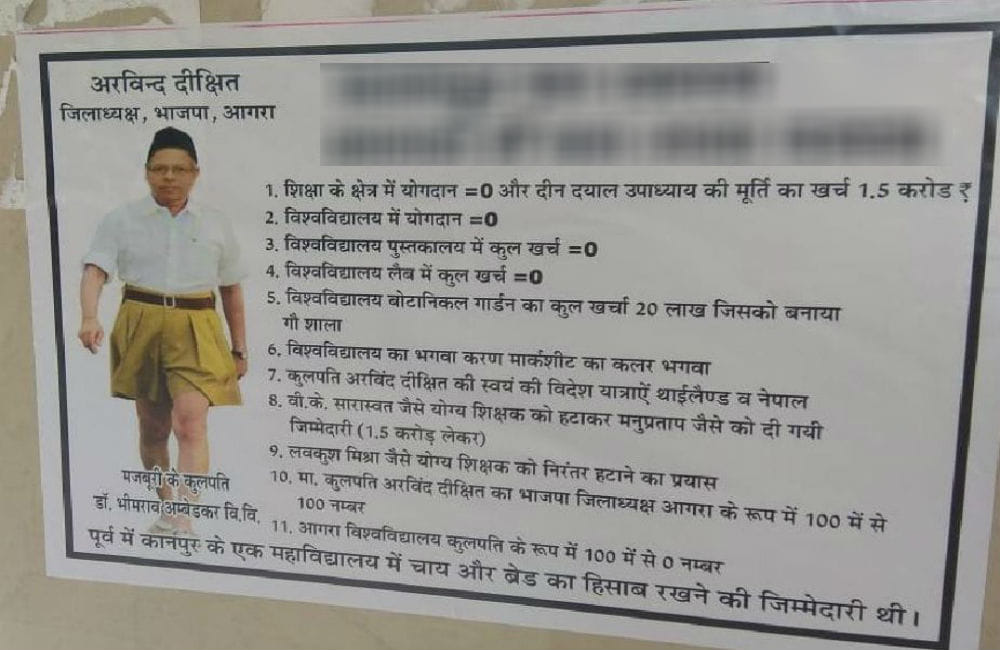 dr br ambedkar university vice chancellor's offensive poster pasted in agra