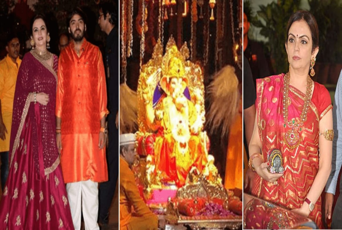 Mukesh ambani wife Nita ambani special red colour outfit on ganpati pooja