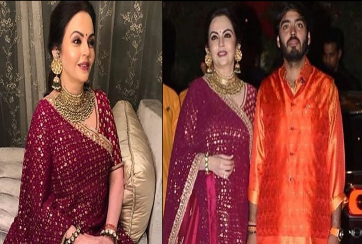 Mukesh ambani wife Nita ambani special red colour outfit on ganpati pooja