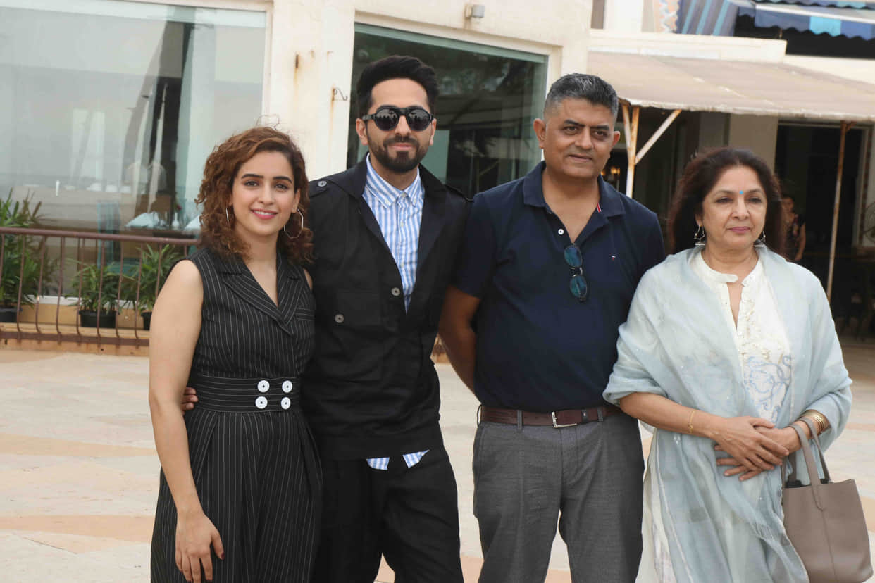 Ayushmann Khurrana Sanya Malhotra Neena Gupta press conference in Mumbai related with Badhai Ho film