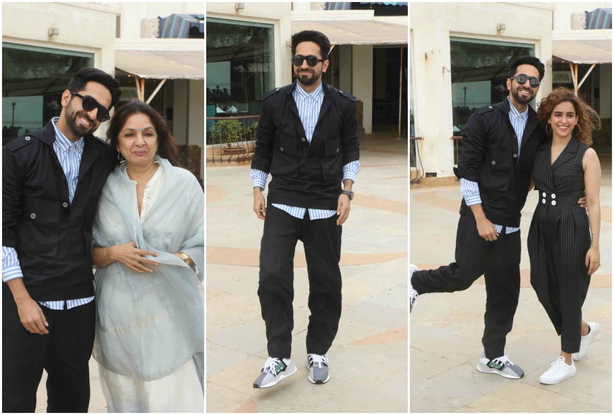 Ayushmann Khurrana Sanya Malhotra Neena Gupta press conference in Mumbai related with Badhai Ho film