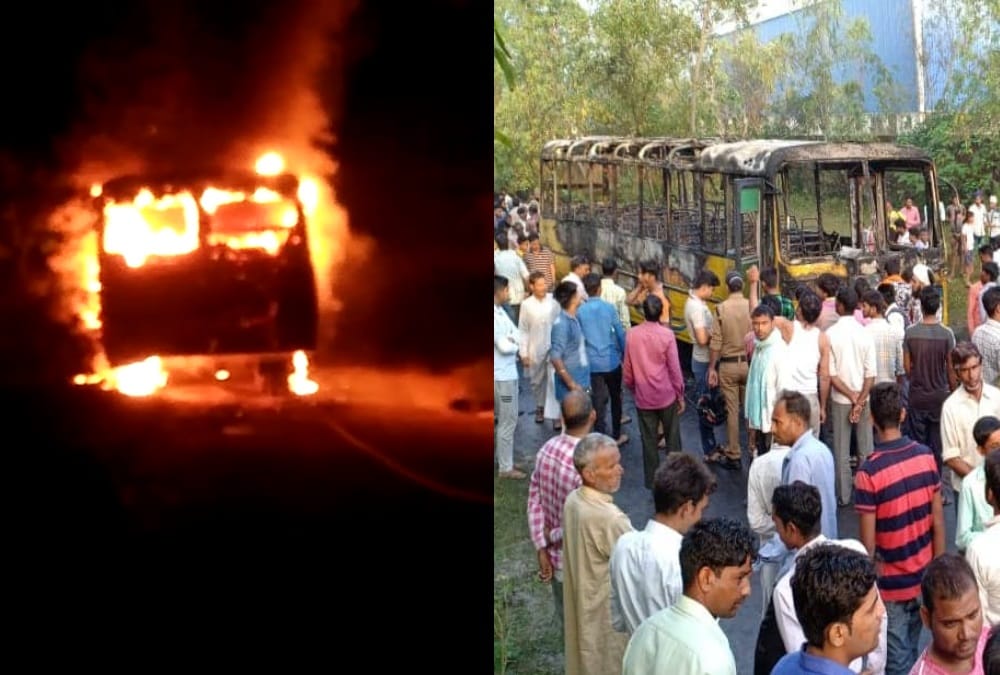 Bus Caught fire after touch High Tension line in roorkee 7 labour Burn