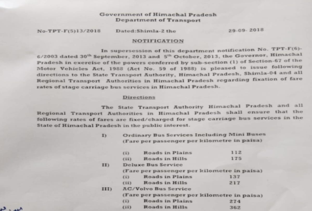 new rates of bus fare implemented in himachal pradesh