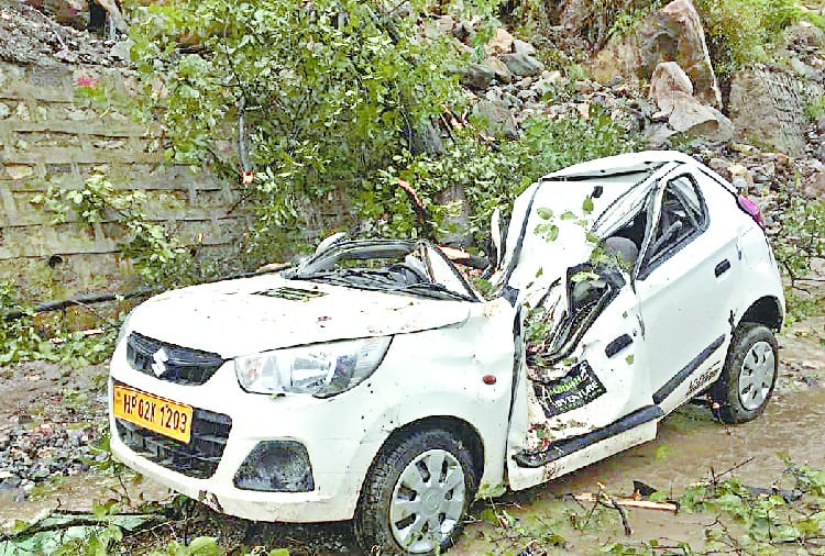 चलती कार पर गिरा पेड़, चालक घायल