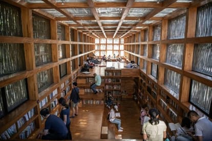 beautiful library made of woods is in between the forest of China