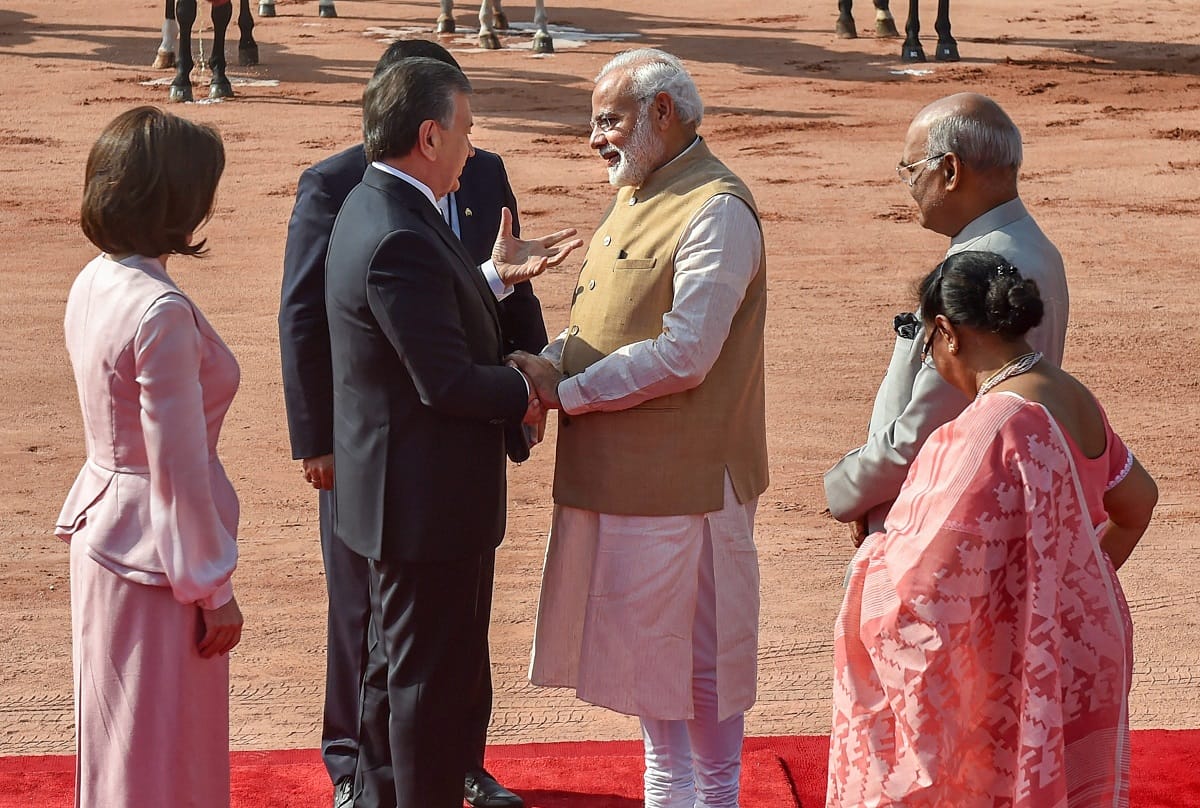 President of Republic of Uzbekistan Shavkat Mirziyoyev guard of honour at Rashtrapati Bhavan