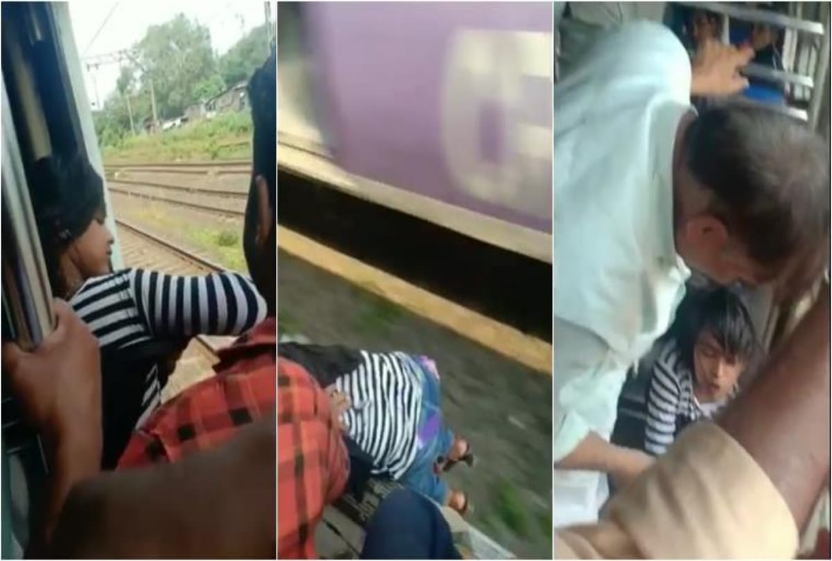 Video being viral of a girl who fall off from running train in mumbai