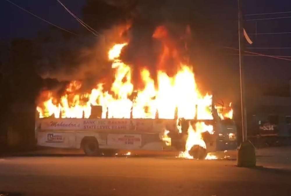 A bus catches fire in lucknow.