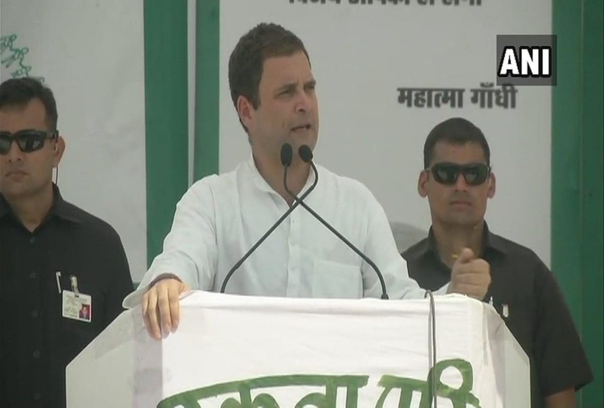 Congress President Rahul Gandhi addresses a gathering in Morena, Madhya Pradesh