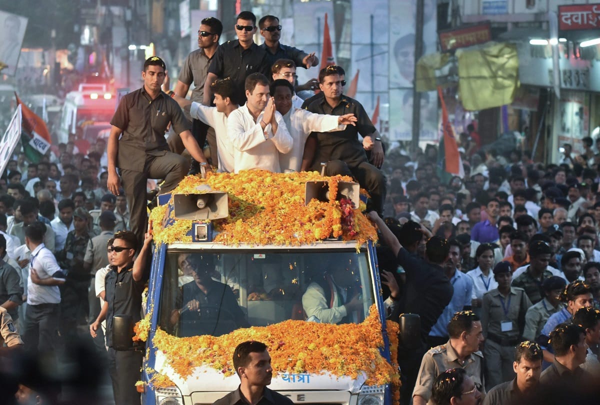 Congress President Rahul Gandhi addresses the people of Jabalpur during his road show
