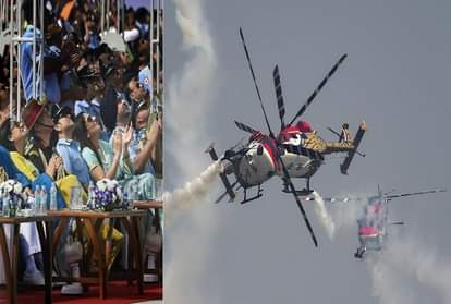 तीनों सेनाओं के प्रमुख और सचिन तेंदुलकर लड़ाकू विमानों के करतब देखते हुए