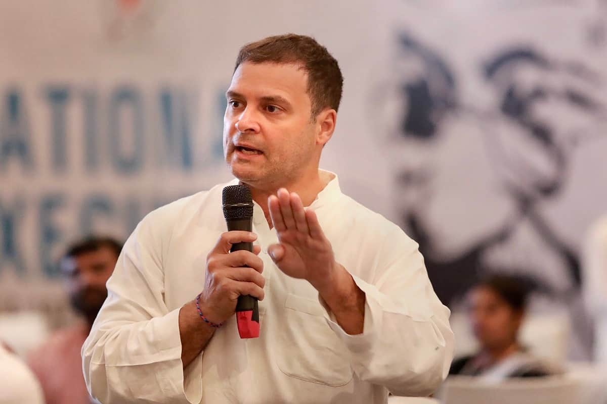 Congress President Rahul Gandhi addresses a gathering in Bharatpur, Rajasthan