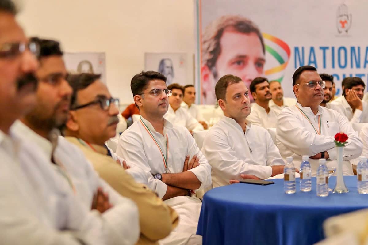 Congress President Rahul Gandhi addresses a gathering in Bharatpur, Rajasthan