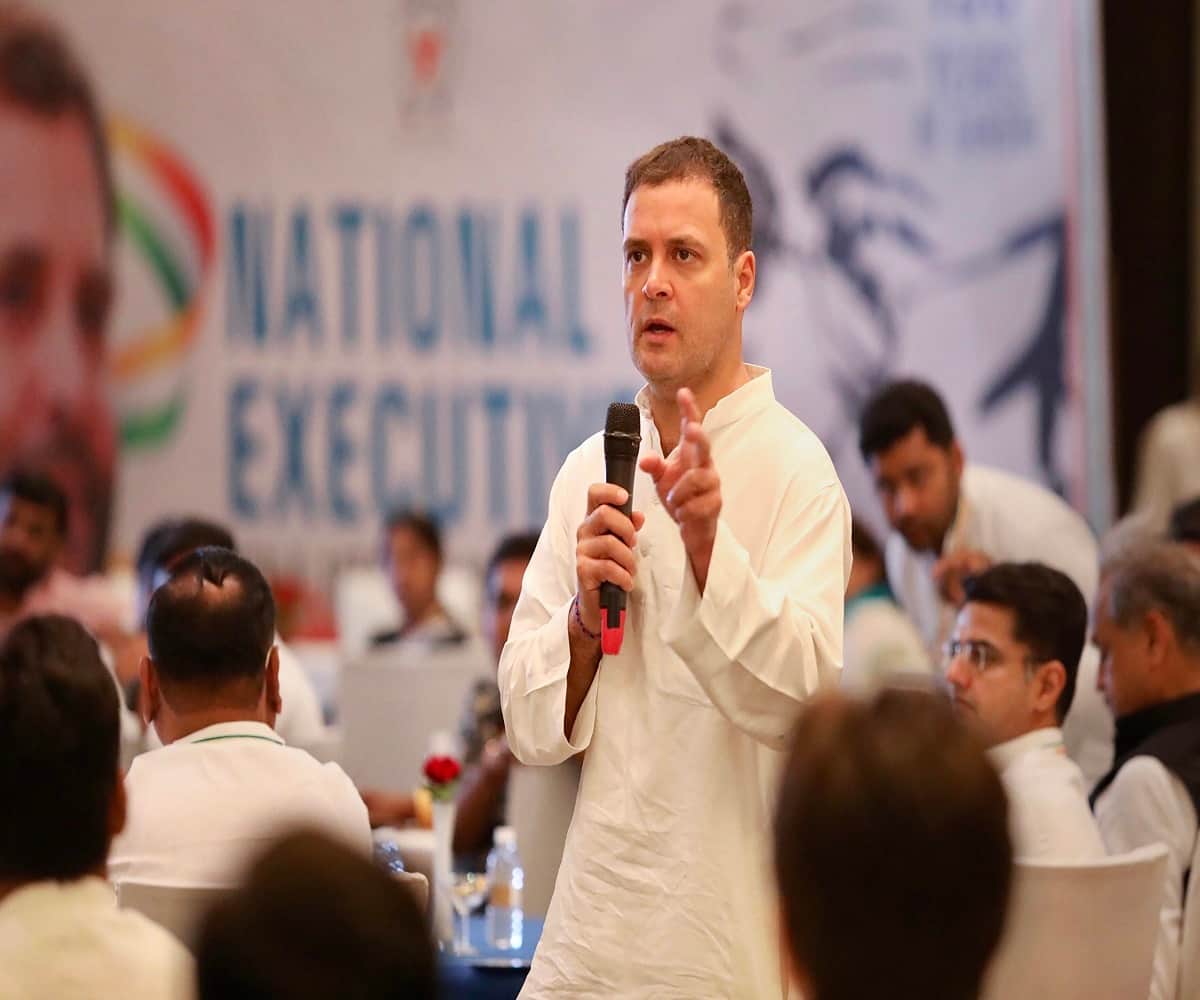 Congress President Rahul Gandhi addresses a gathering in Bharatpur, Rajasthan