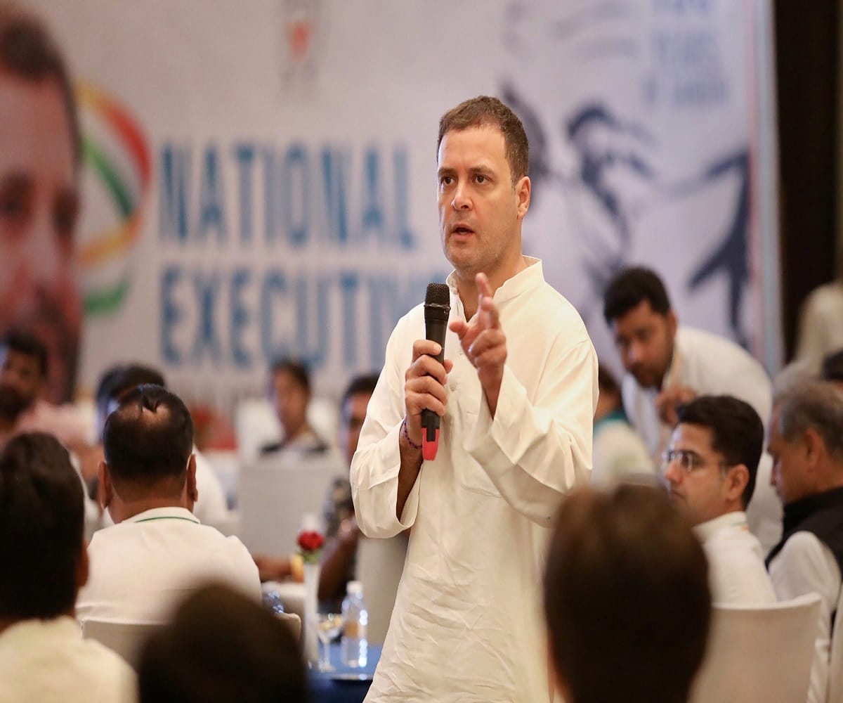 Congress President Rahul Gandhi addresses a gathering in Bharatpur, Rajasthan