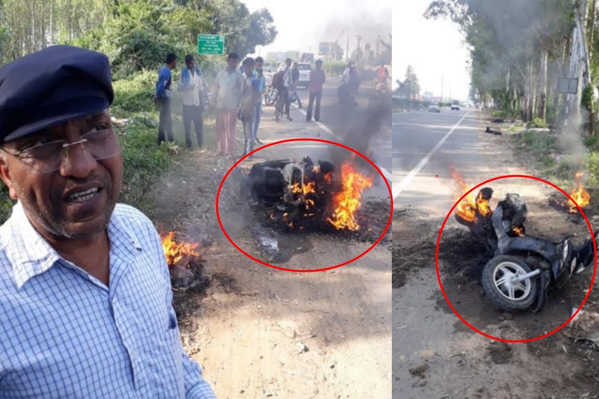 scooty suddenly get fire  while riding on road in muzaffarnagar rider narrow escape