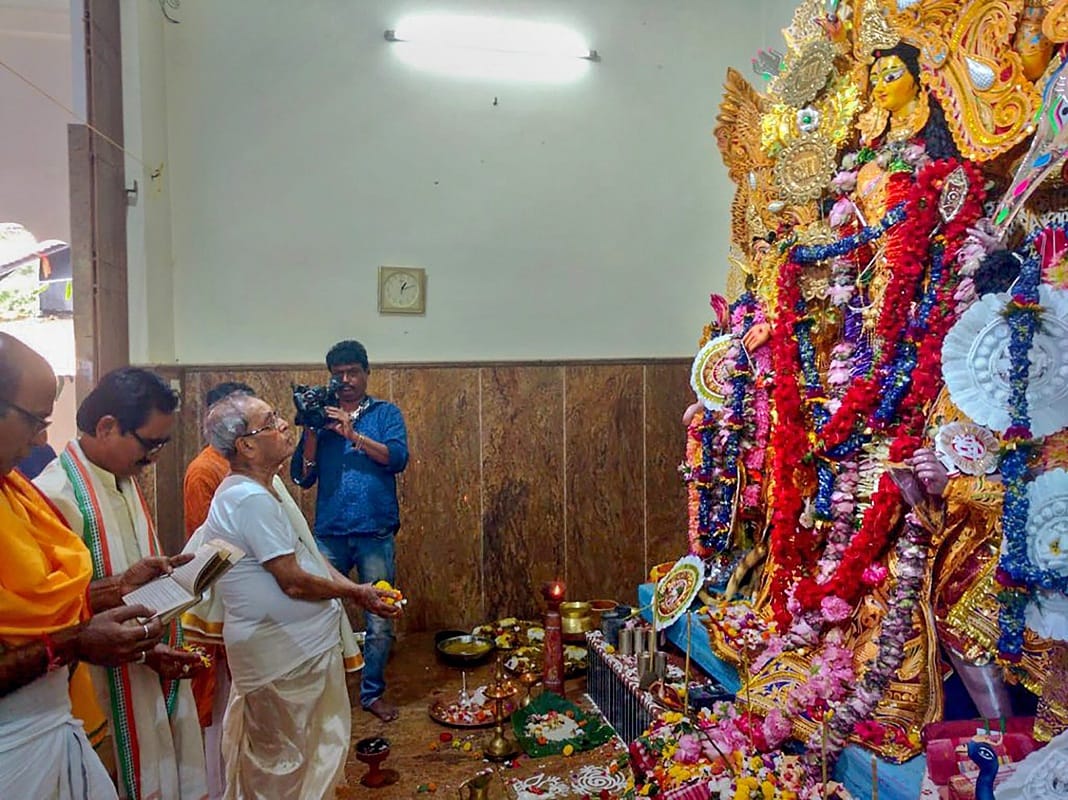 Former President of India Pranab Mukherjee celebrates Durga Puja in Birbhum in west bengal